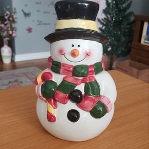 Ceramic Christmas snowman candy jar. NEW condition. 8 in tall